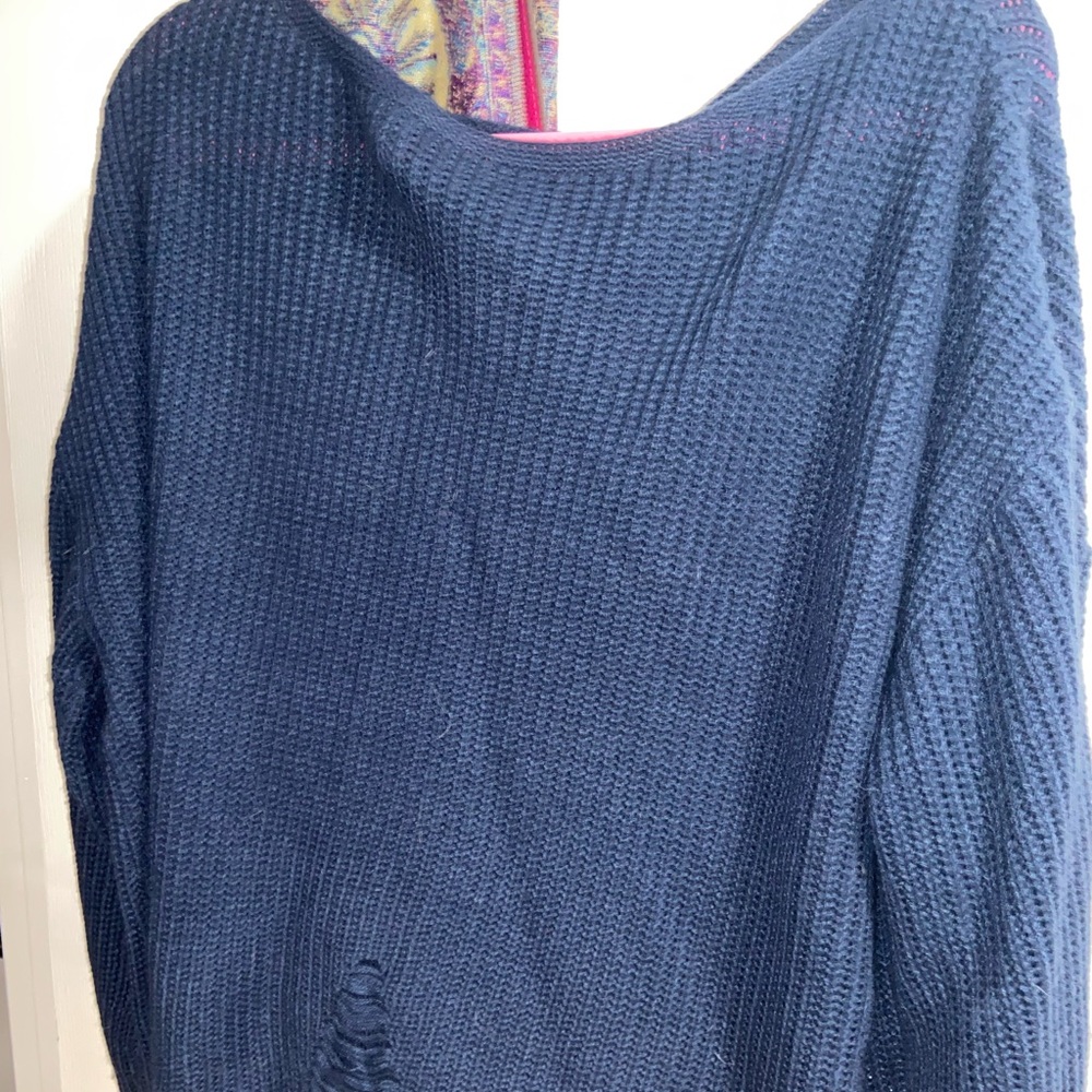 SHEIN Plus Drop Shoulder Ripped Sweater in Navy Blue